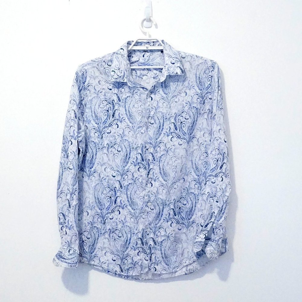 Men's Blue White Paisley Linen Shirt XL